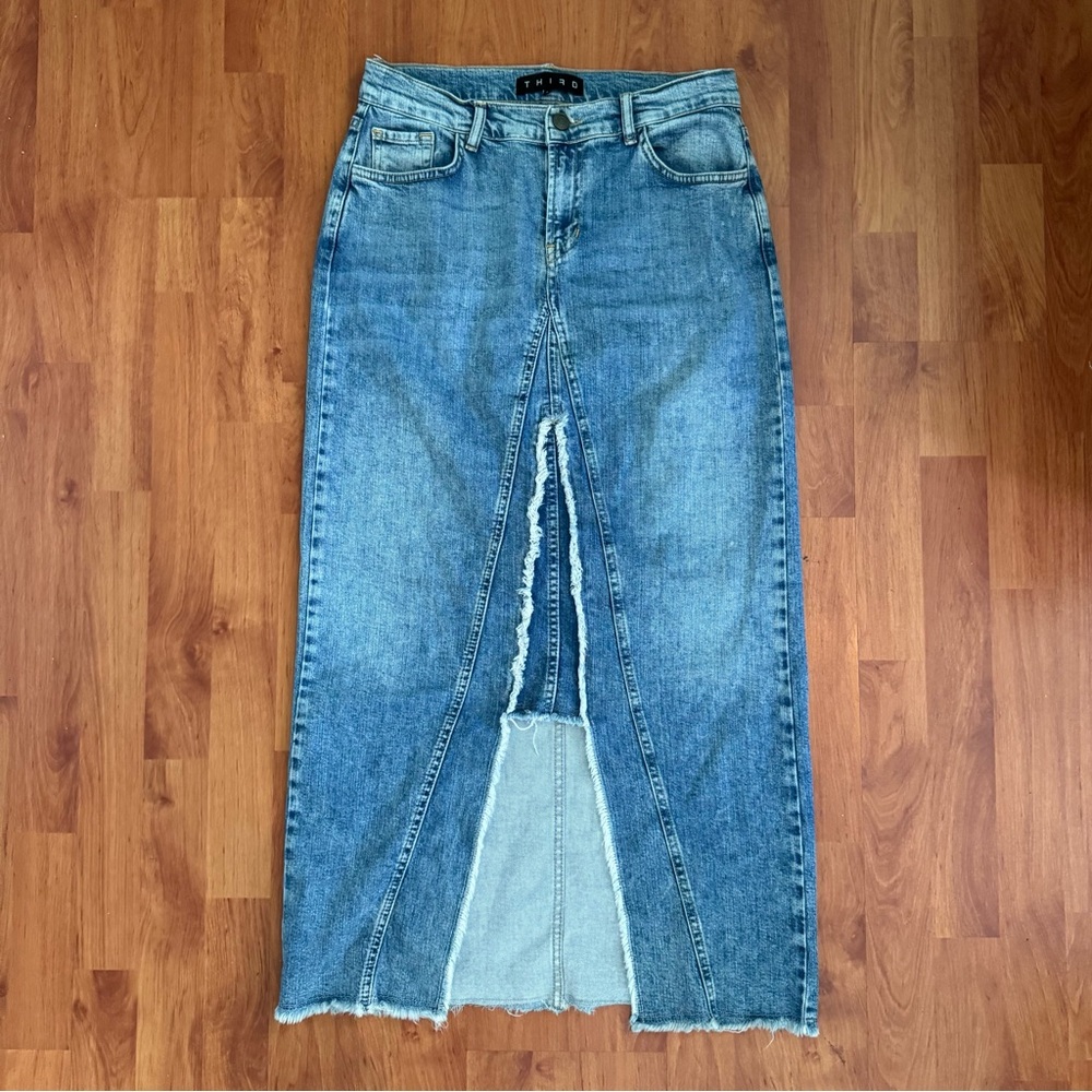 Third Fringe Slit Midi Denim Skirt